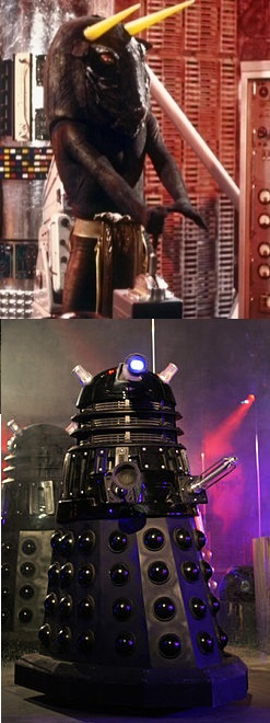 a) The Horns of Nimon b) Un dalek; ambos de la serie de ciencia ficción <i>Doctor Who</i>